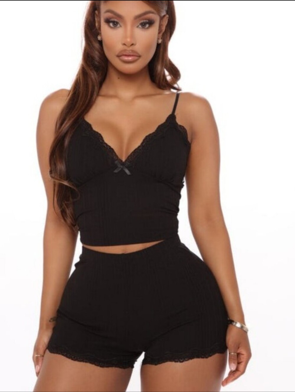 ⭐Black Lace-Trim Ribbed Cami & Short Sleep Set